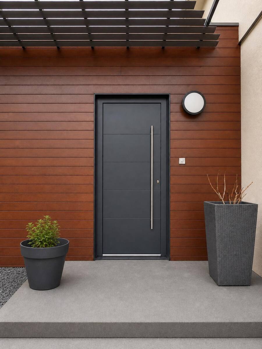Porte d'entrée aluminium anthracite sur bardage bois