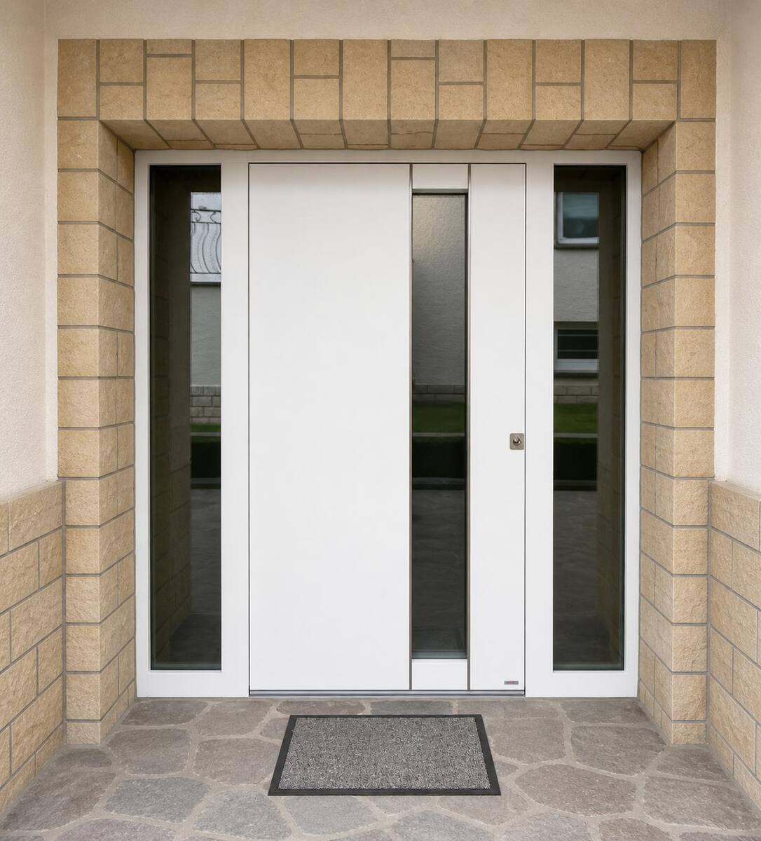 Porte d'entrée blanche avec vitrages latéraux
