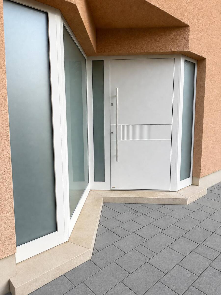 Porte d'entrée aluminium claire avec parois vitrées